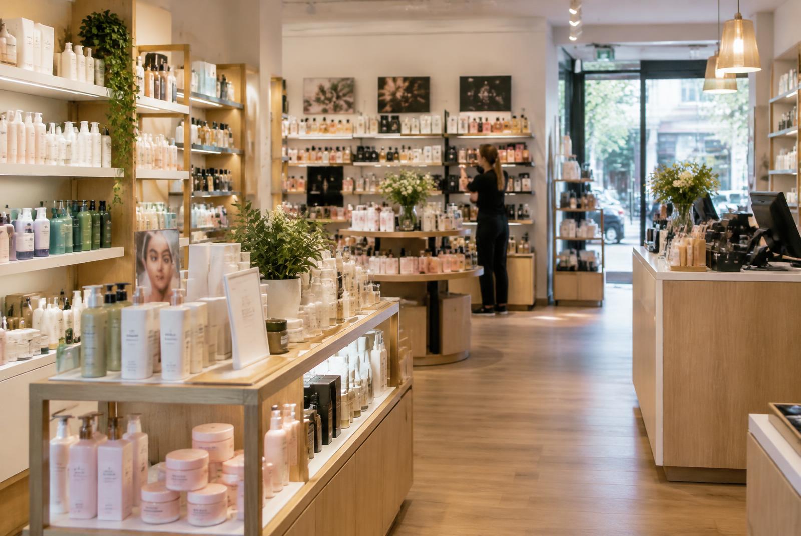 Interior de una tienda de cosmética contemporánea, relacionado con la organización y el liderazgo de equipos retail.