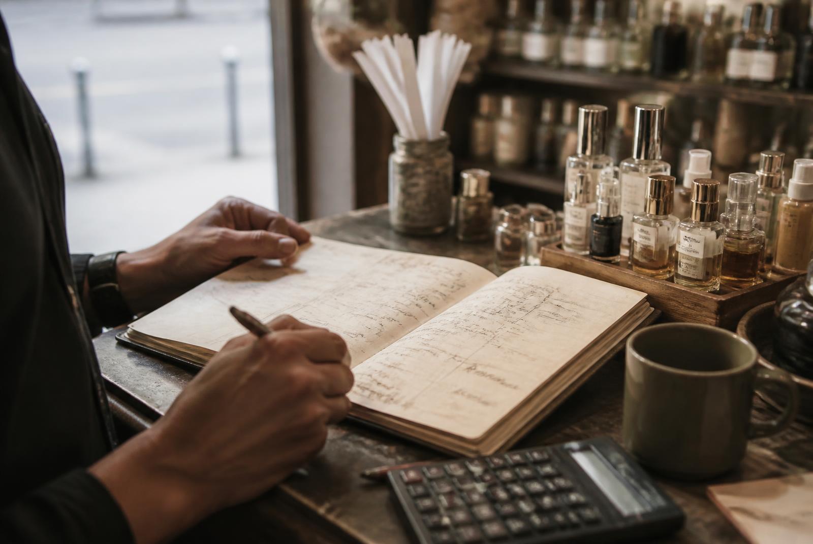 Manos escribiendo un plan de acción en un cuaderno sobre el mostrador de una perfumería