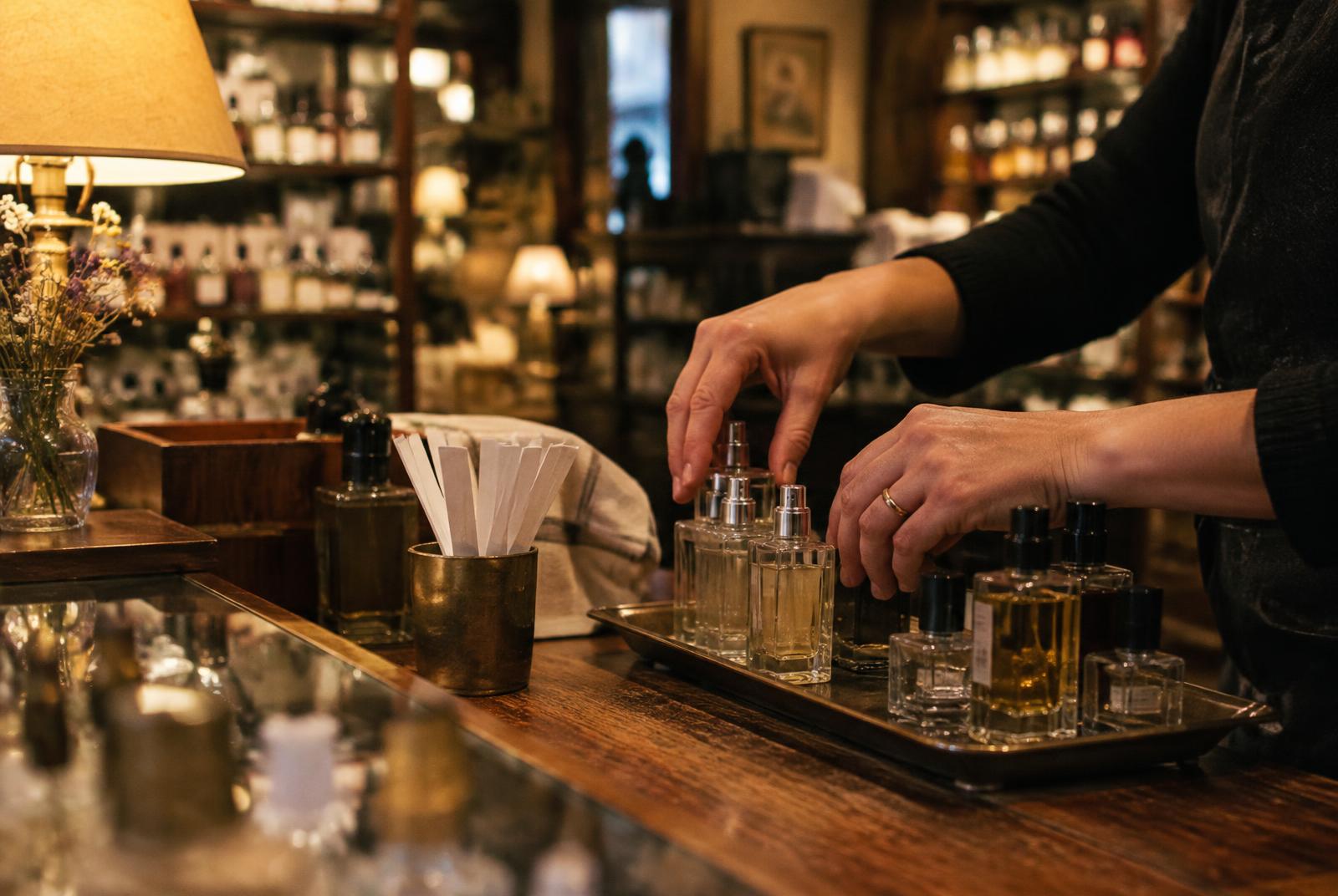 Manos ordenando probadores de perfume en el mostrador de una perfumería al cierre