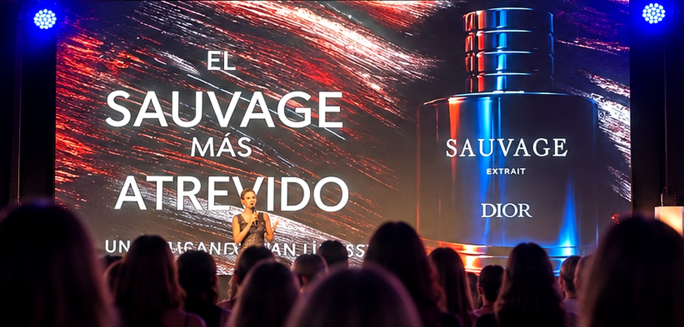 Pantalla del evento con el frasco de Sauvage Extrait de Dior durante la presentación ante el público
