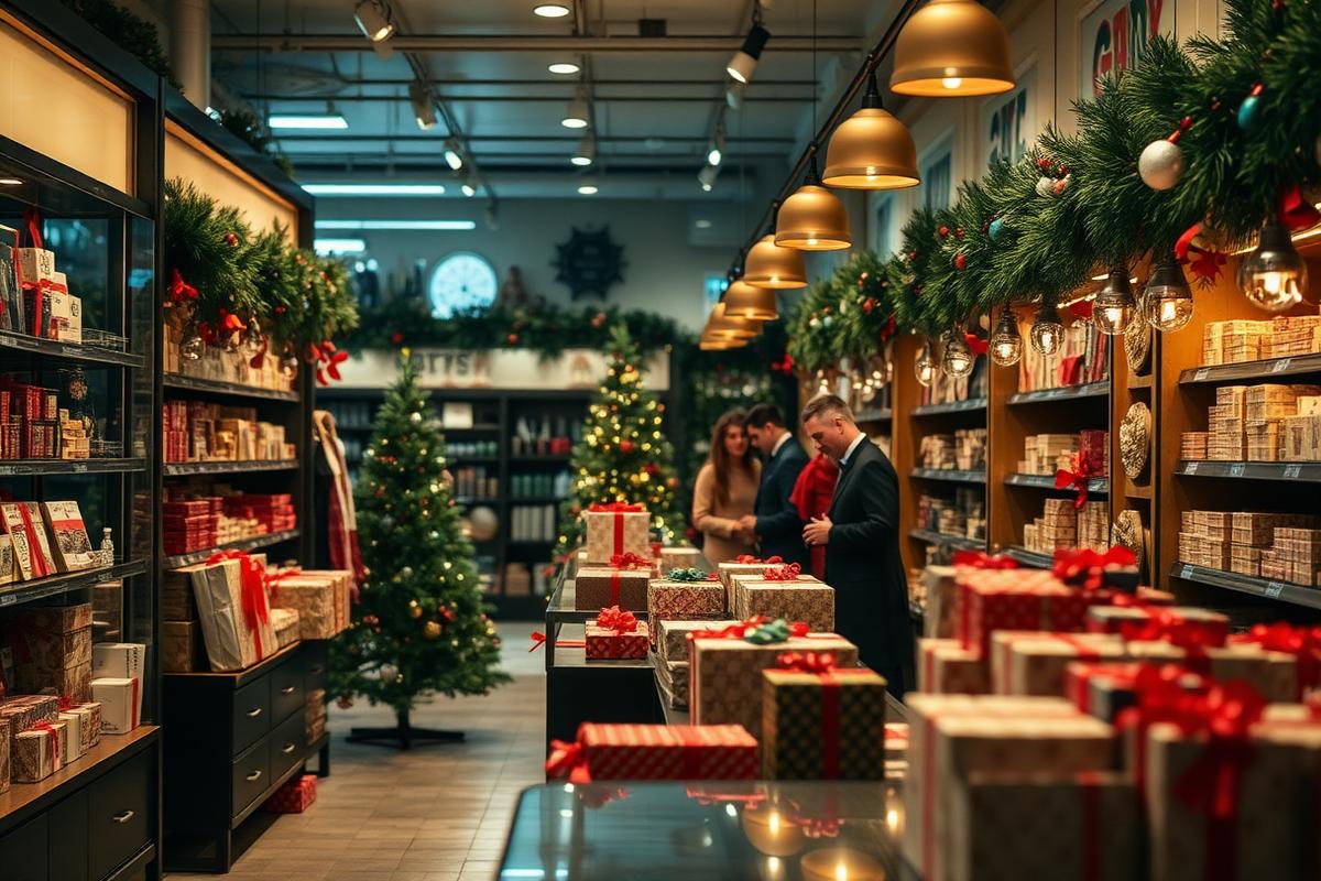 Tienda durante la campaña de Navidad con regalos en el mostrador