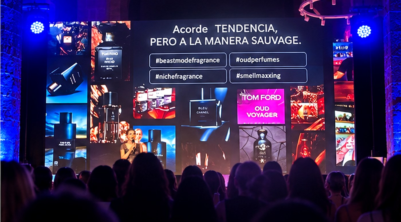 Pantalla del evento con una lectura de tendencias de fragancias y referencias del mercado ante el público asistente