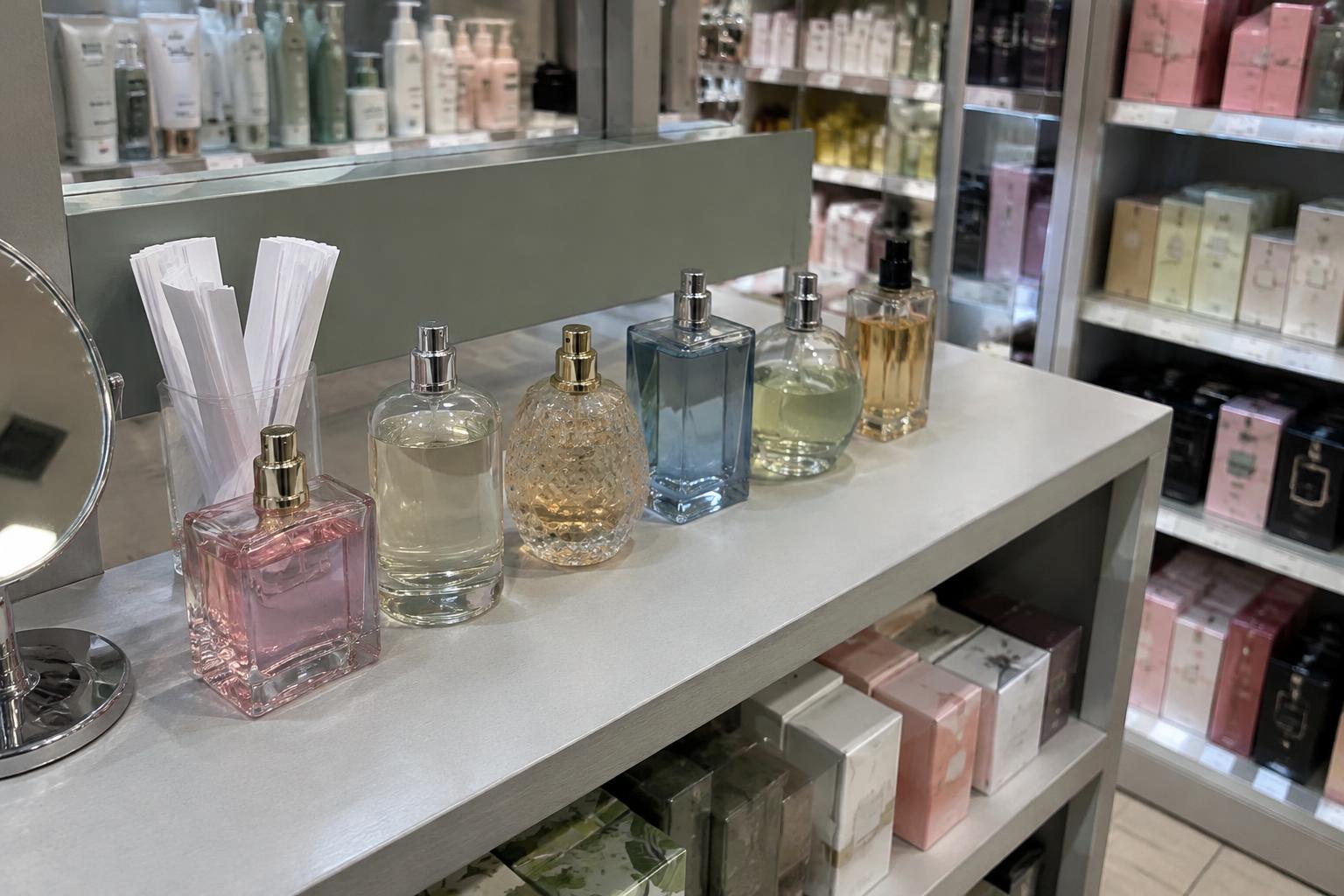 Zona de perfumería y fragancias preparada para el asesoramiento al cliente en una tienda retail.