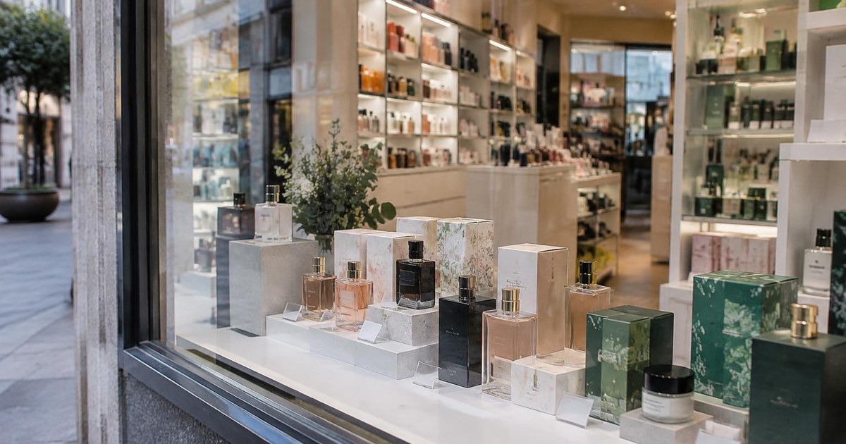 Escaparate luminoso de una perfumería contemporánea, con fragancias y productos de cuidado complementarios.