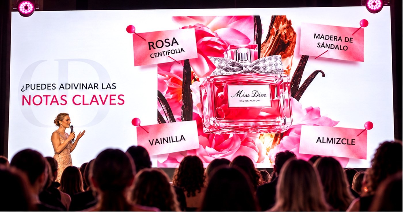 Pantalla de la presentación de Miss Dior Eau de Parfum con las notas señaladas y el público asistente al evento