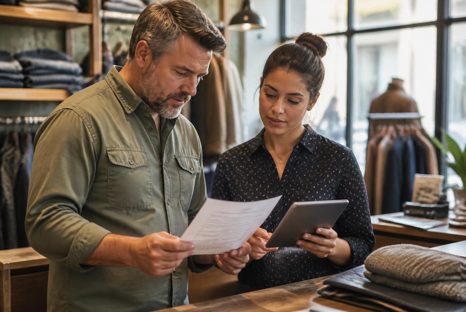 Responsable de tienda y vendedora analizando el informe de KPIs de ventas y conversión en el mostrador de una tienda de moda