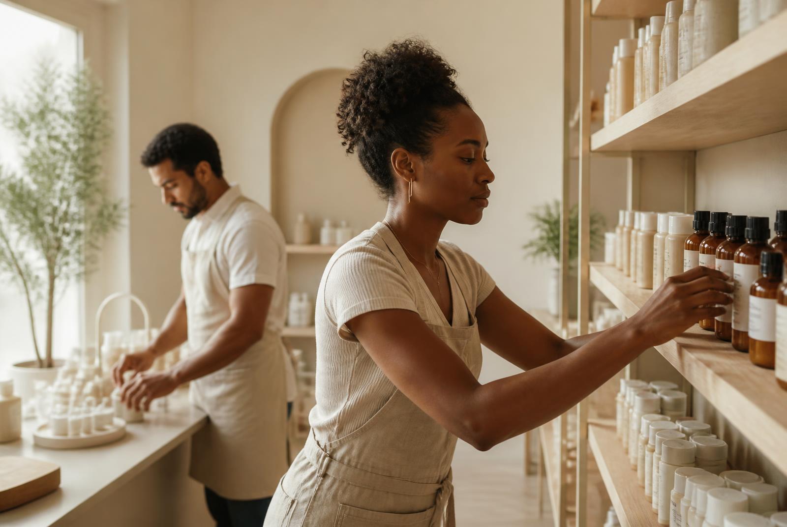 Dos personas del equipo reponiendo producto en las estanterías de una tienda